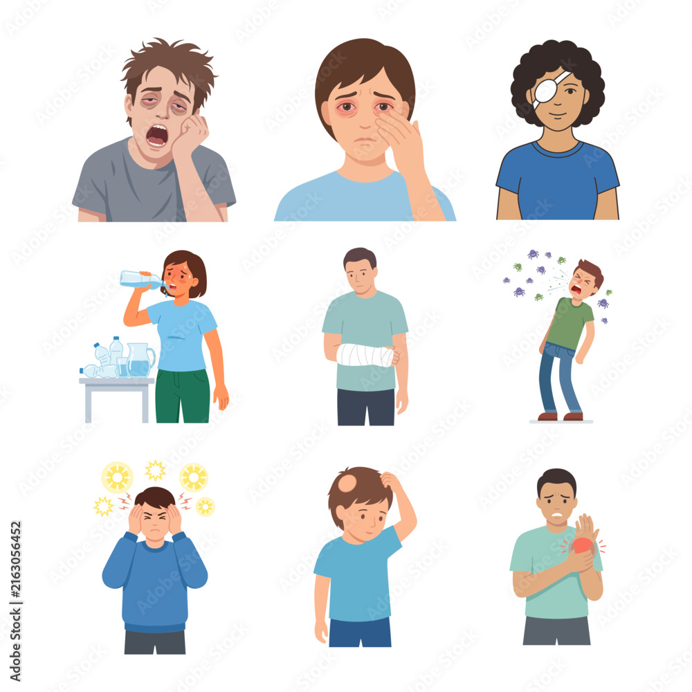 Fototapeta premium Set of People Suffering from Various Physical Health Conditions and Symptoms Vector Illustration