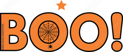 A vibrant Halloween graphic design featuring the word BOO in bold orange typography with a spider web and hanging spider illustration