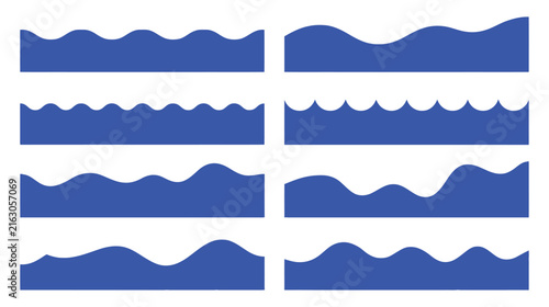 Blue wave border set, wavy water line dividers and edges on white