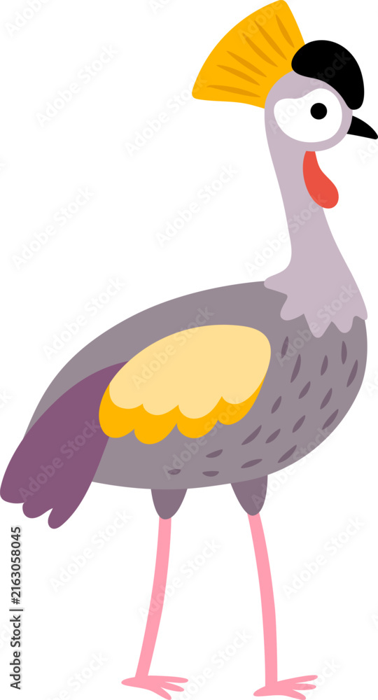 Naklejka premium Vector cartoon grey crowned crane isolated on white background. Funny African or safari animal clipart. Cute savannah bird icon for kids. Flat savanna element. Africa wildlife illustration