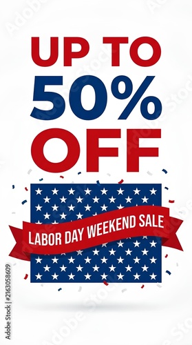 Labor Day weekend sale poster offering fifty percent discount.