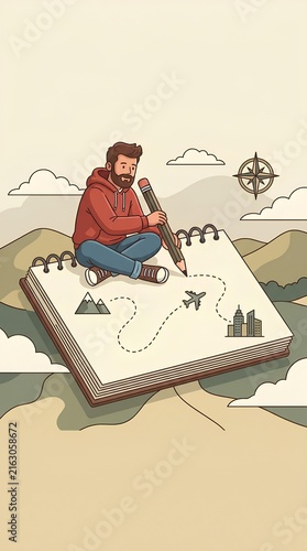 Man drawing on notepad in a mountain landscape.