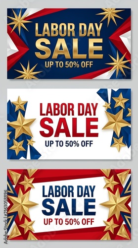 Trio of Labor Day sale banners with gold stars.