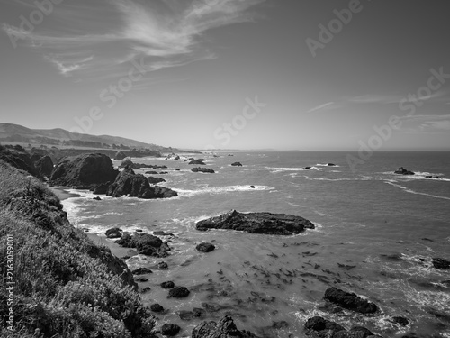 Monochrome view of the rocky Sonoma Coast in California