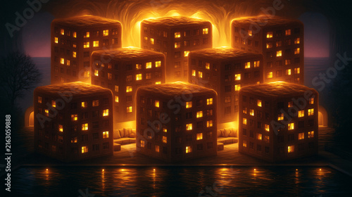 Glowing Cubic Apartment Blocks Floating On Dark Water
