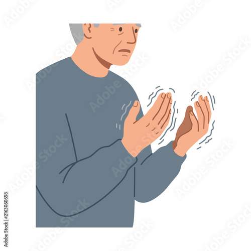 An elderly man suffering from shaking hands or tremors, a medical symptom vector illustration concept