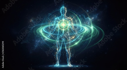 A human figure stands at the center of a radiant, swirling energy field.