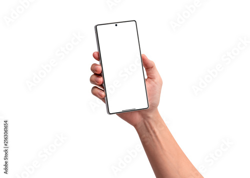 Close up of a hand holding a high-end Android smartphone with a blank screen for copy space, isolated on a transparent background. Concept for business, finance, technology and modern advertisement.