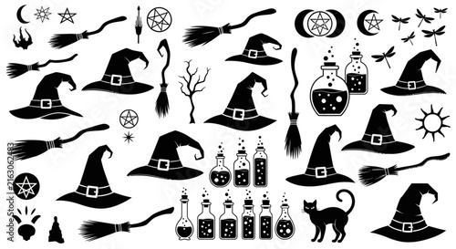 Canvas Print Witchcraft silhouette collection with witch hats and brooms