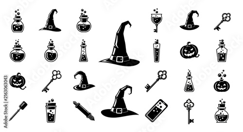 Foto Witchcraft halloween icons set, black magic potion bottles and wizard hats, spoo