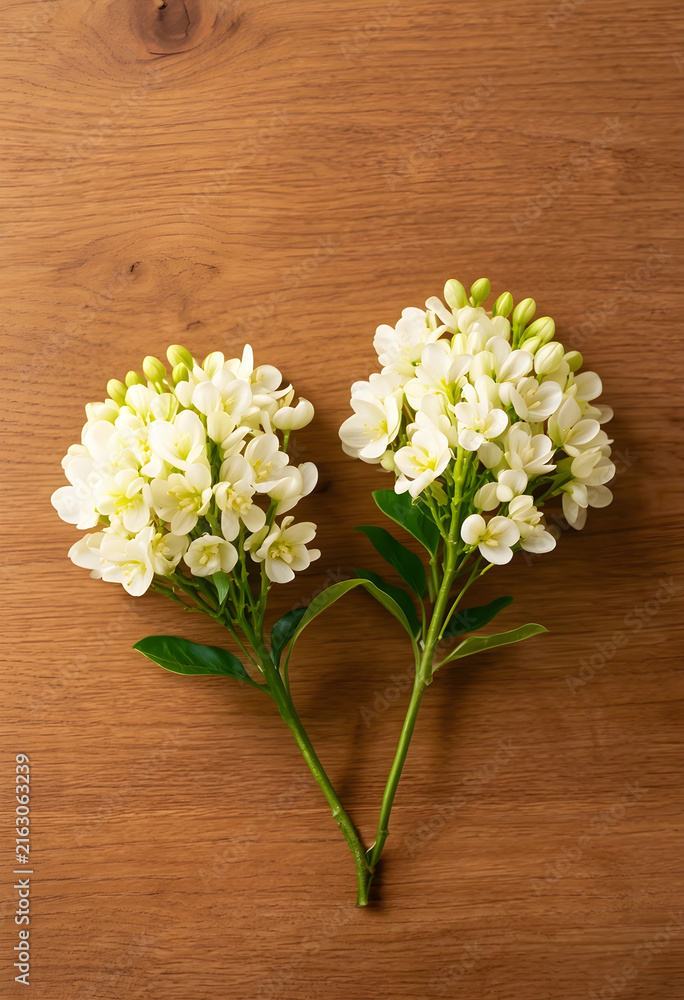 Fototapeta premium Spring floral arrangement fresh white flowers on a natural wooden background nature and growth concept top view with copy space