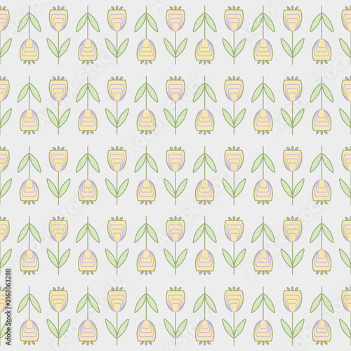 Tulip vector pattern, seamless repeating background, flat illustration. Pastel flower pattern with icons, floral wallpaper design for cards, fabric, wrapping, textiles, wallpaper, and stationery.