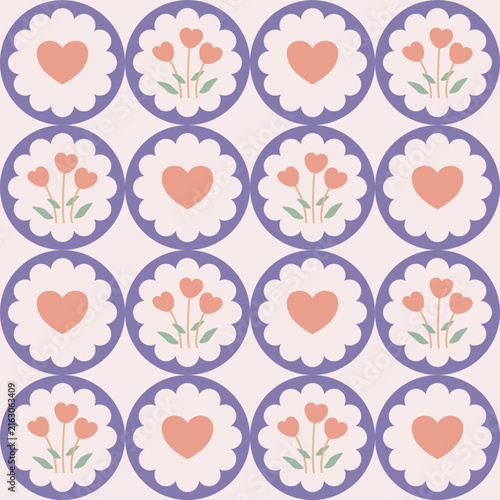 Cute daisy flower and heart in a circle, arranged in a seamless line pattern. Doodle flora, heart and dots vector for wallpaper, textile, fashion, background, stationery, wrapping, card.
