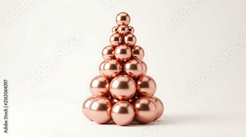 Minimalist christmas tree made of shiny metallic rose gold spheres isolated on white background