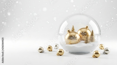 Christmas glass snow globe with golden ornaments and miniature pine trees inside, isolated on white background