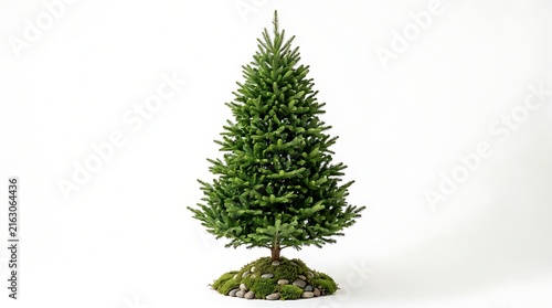 Small evergreen christmas tree with moss and stones at the base isolated on white background