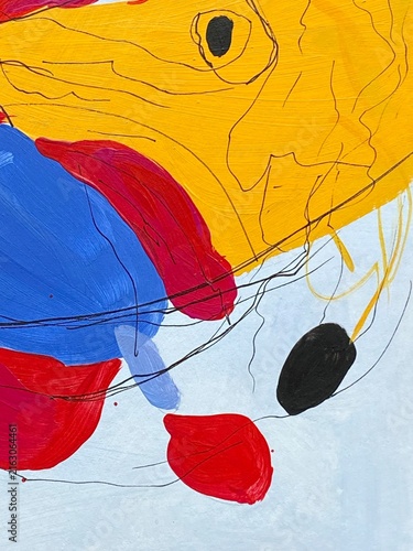 Fragment of Abstract Hand Painted Artwork – Yellow, Blue and Red Shapes with Black Lines