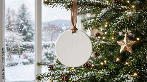 Blank white ceramic christmas ornament hanging on a snowy pine tree branch with festive lights and a winter window background