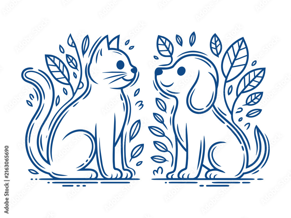 Naklejka premium Friendly sitting cat and dog
