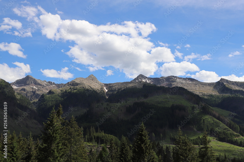 Obraz premium Panoramic view of forested valleys and distant mountain ranges beneath a sky filled with dramatic cumulus clouds in the Italian Alps during summer.