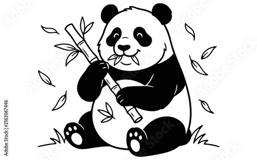 Panda illustration with bamboo and leaves features a monochrome outline style