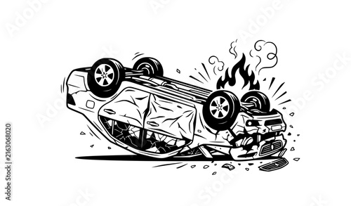 Bild auf Leinwand Upside down burning automobile crash cartoon flat black white vector