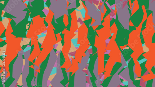 Принти на полотні Abstract camouflage background featuring sharp jagged shapes in green orange and lilac colors creating intense chaotic visual texture effect