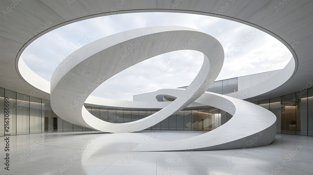 Fototapeta premium Modern architectural interior featuring a striking white spiral staircase design inside a minimalist contemporary office building lobby space