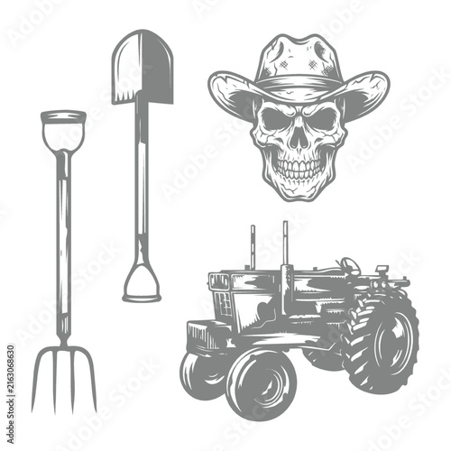 Skull in Cowboy Hat with Tractor and Farming Tools Illustration