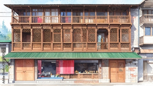 Traditional Wooden Building and Streetfront Shop Watercolor
