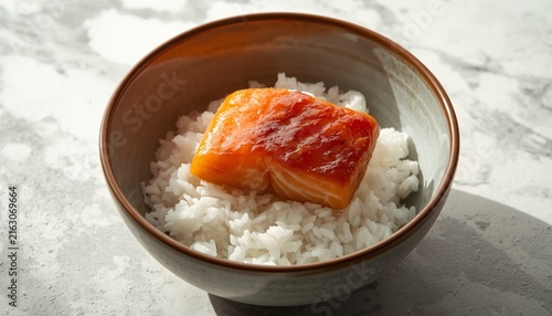 Glazed Salmon Fillet Served Over White Rice Bowl