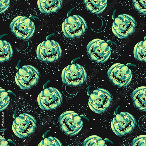Seamless pattern with mysterious Halloween pumpkin head, night sky behind. Surreal creepy illustration. Scattered objects on black background. Vintage style.