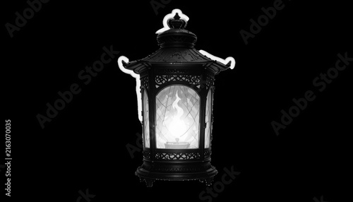 Traditional Asian Lantern with Glowing Light Isolated on Black Background