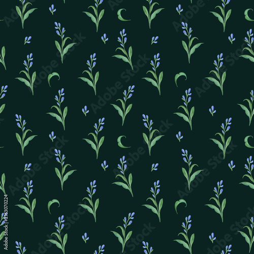 Seamless botanical pattern featuring delicate green leaves and small blue flowers on a deep dark green background.