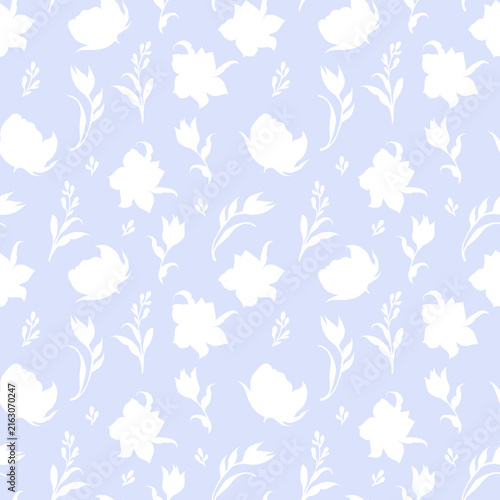 Delicate seamless floral pattern with white flowers and thin plant stems on a soft blue background.