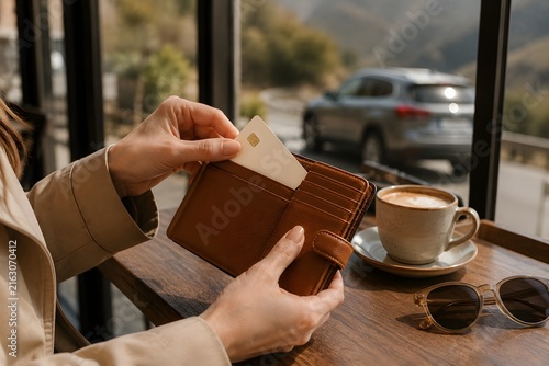 Credit card and wallet at roadside cafe during road trip, travel spending and cashless payment concept