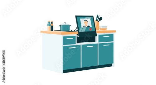 Modern Smart Kitchen Island Illustration with Built-in Tablet for Video Calls and Recipe Apps