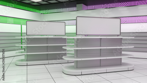 Double-sided gondola display racks featuring curved end units and an integrated top header panel for signage in a retail store interior with colorful geometric pattern walls. 3d illustration