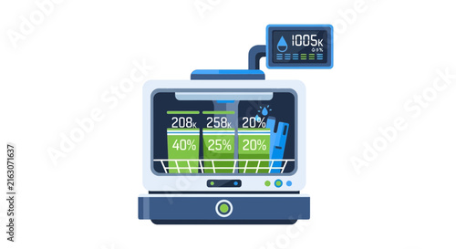 Smart Dishwasher Infographic with Digital Interface Monitoring Water Consumption and Efficiency