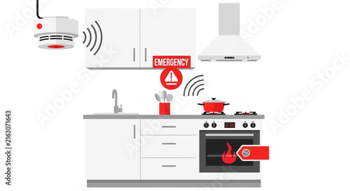 Smart Home Smoke Detector Alerting to a Kitchen Fire in the Oven, Flat Vector Illustration of Residential Fire Safety and Emergency Warning System