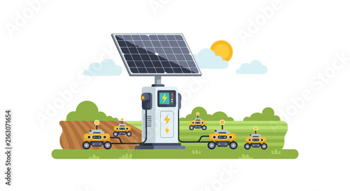 Autonomous Agricultural Robots Charging at Solar Power Station in a Rural Farm Field, Smart Farming and Sustainable Agriculture Concept