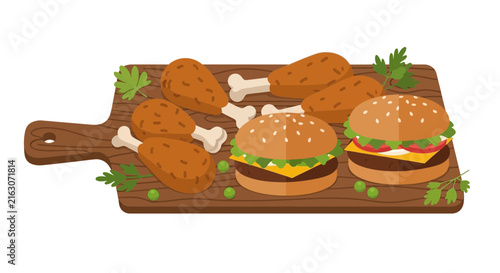 Fast Food Platter with Cheeseburgers and Fried Chicken Drumsticks on Wooden Cutting Board Vector Illustration