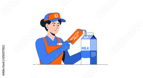 Supermarket Clerk Applying Reduced Price Tag to Milk Carton Vector Illustration
