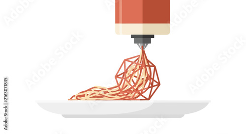 3D Food Printer Extruding Spaghetti Pasta into Geometric Shapes, Future of Cooking and Culinary Innovation Concept Illustration