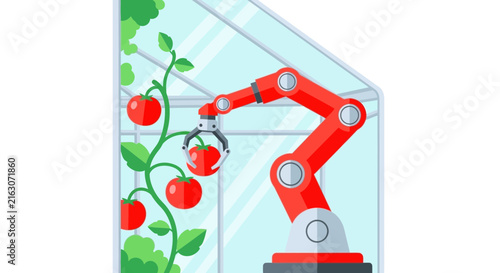 Smart Agriculture Concept with Robotic Arm Harvesting Tomatoes in a Greenhouse Flat Vector Illustration