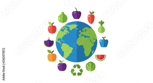 Global Sustainability and Healthy Lifestyle Concept Illustration with Earth Globe, Organic Fruits, Vegetables, and Recycling Icon