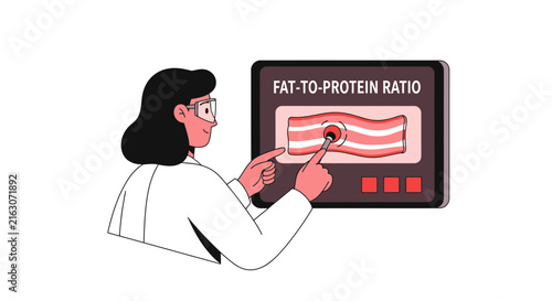 Female Scientist Analyzing Meat Fat-to-Protein Ratio on Digital Screen, Food Science and Nutrition Quality Control Illustration