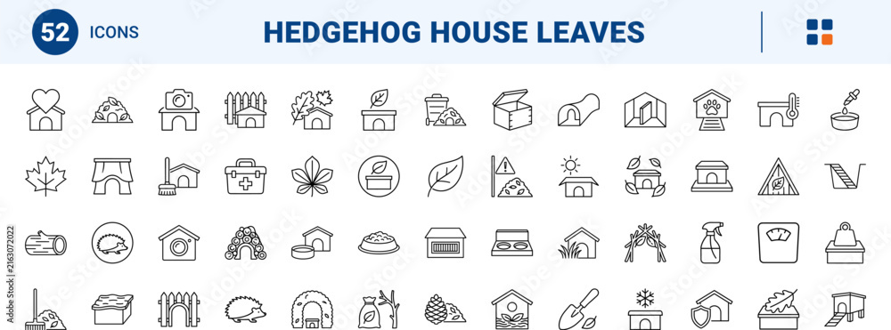 Fototapeta premium Hedgehog house leaves line icon set. Vector pictograms of shelter, hibernation, garden, and wildlife elements, thin linear illustration.