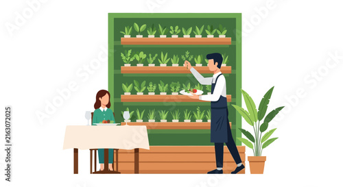 Sustainable Dining Concept: Waiter Picking Fresh Herbs from an Indoor Vertical Garden Shelf to Serve a Customer in a Modern Eco-friendly Restaurant Vector Illustration