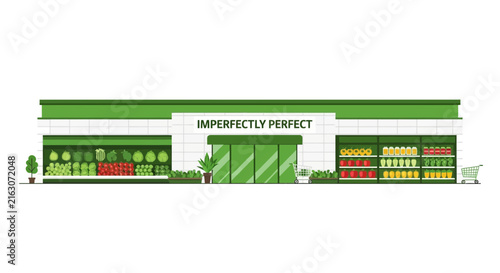 Eco-Friendly Grocery Store Illustration with Imperfectly Perfect Signage for Sustainable Food Shopping and Zero Waste Marketing